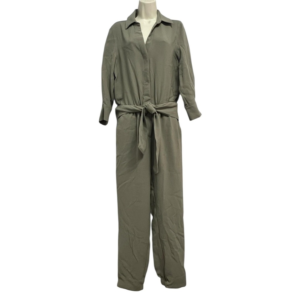 Brochu Walker Jumpsuit Womens Medium Olive Tie Waist Long Sleeve Collar Jogger